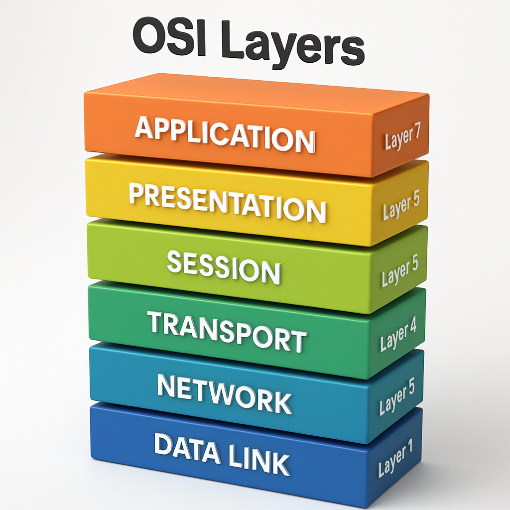 make an official diagram of the OSI Layers in IT Networking in 3D showing all the layers with their layers — Verified on EverVerify