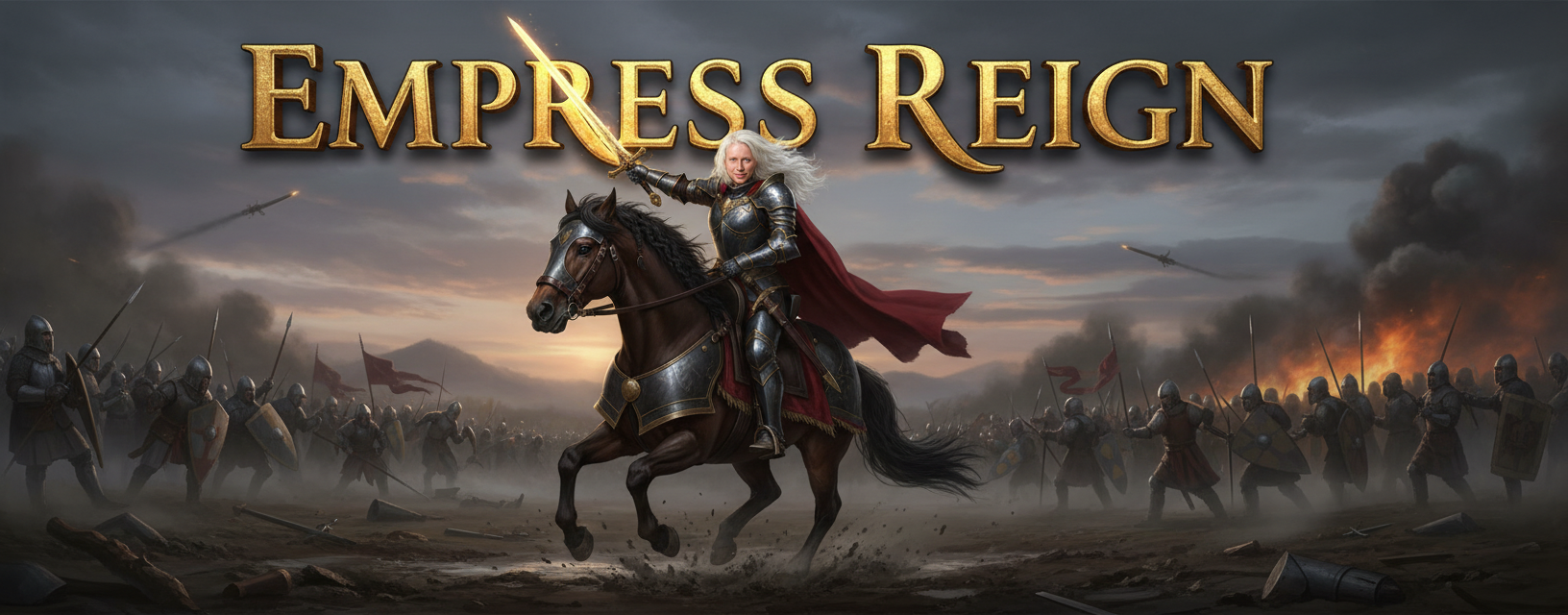 Create a photo realistic Female warrior on a battle horse with the bold words above her that are 3D fully rendered and say Empress Reign and — Verified on EverVerify