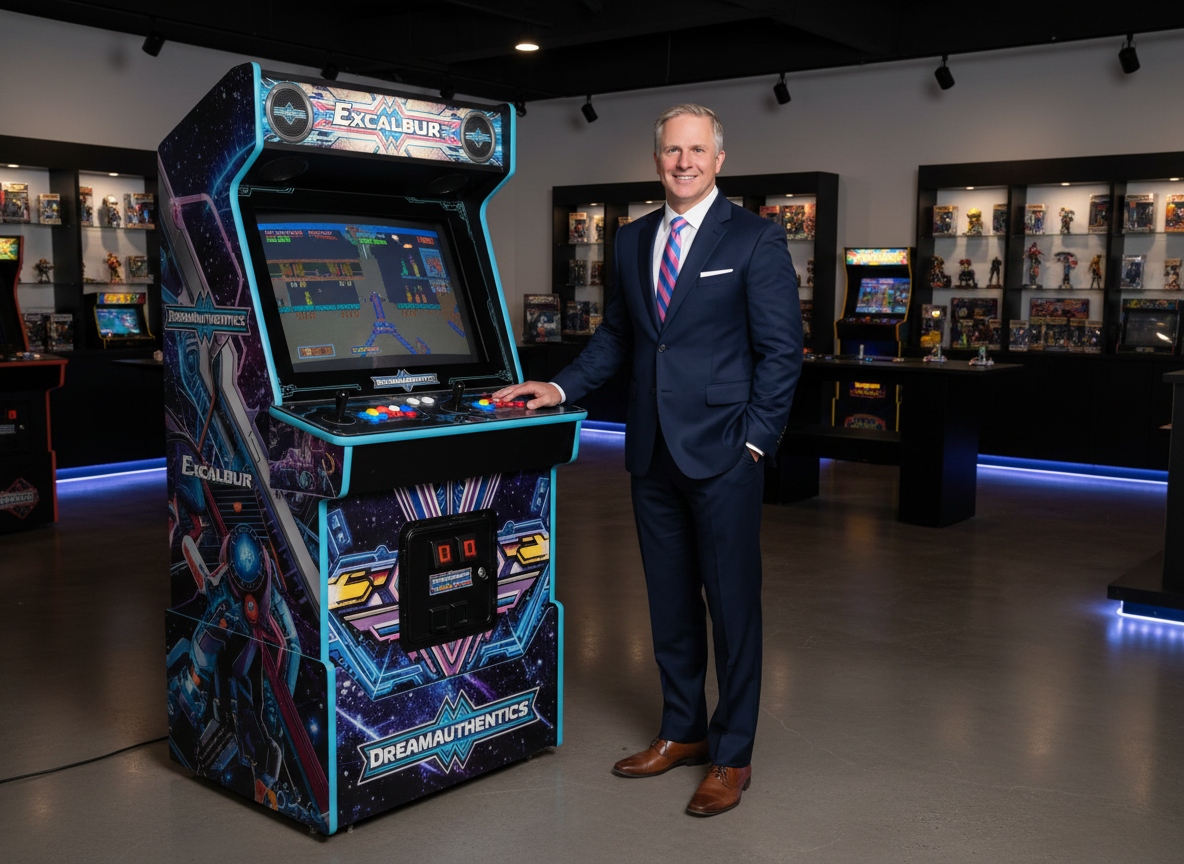 show me standing next to a DreamAuthentics Excalibur Arcade https://dreamauthentics.com/img/gallery/slide-036.jpg — Verified on EverVerify