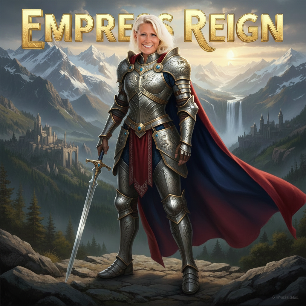 Create a realistic Female warrior with the bold words above her that are 3D fully rendered and say Empress Reign — Verified on EverVerify