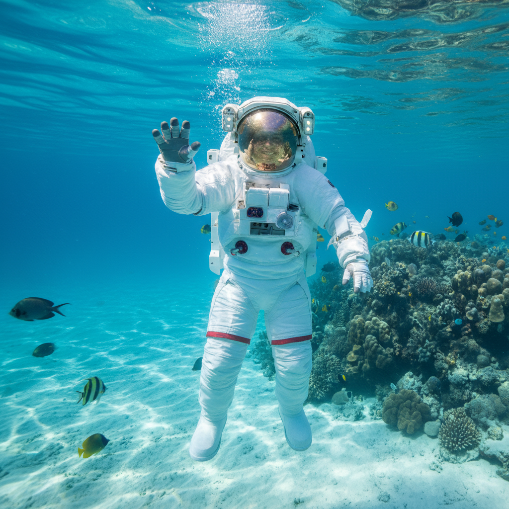 Create a astronaut swimming underwater waving smiling — Verified on EverVerify